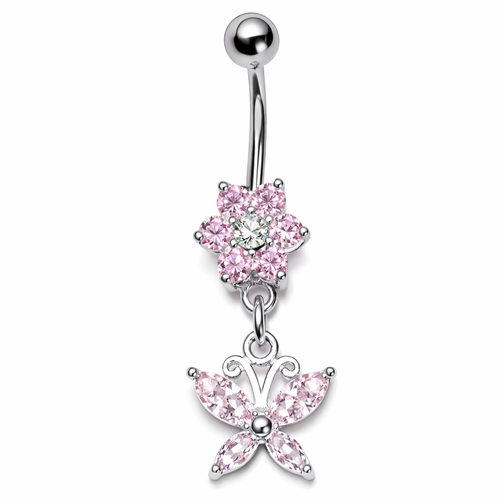 Titaaninen napakoru, Belisse – kukka ja perhoskoriste vaaleanpunaisilla kivillä