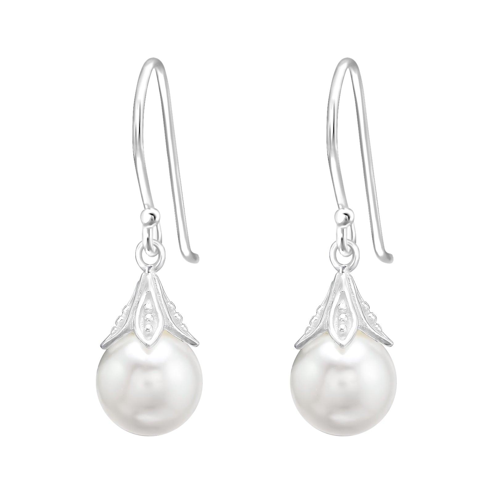 Silver earrings, Selma -dainty white pearl earrings
