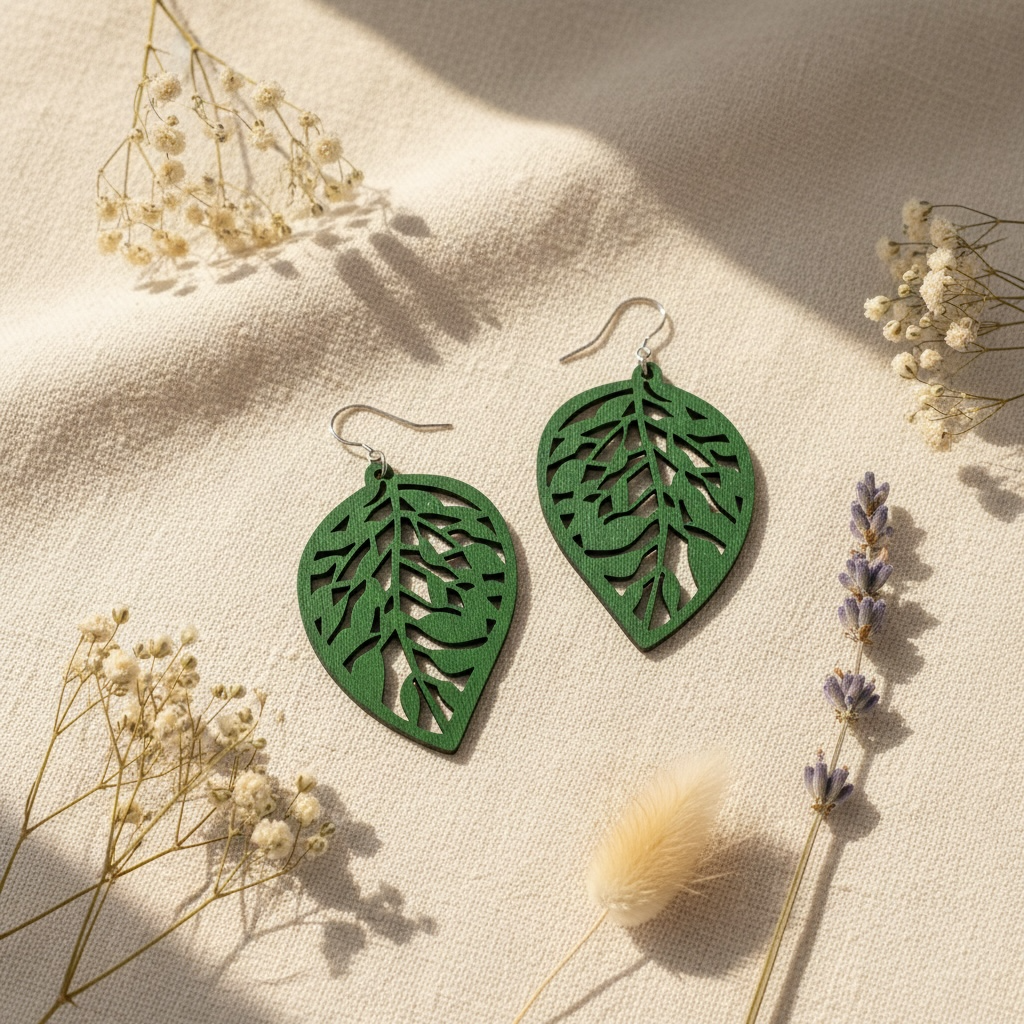 Kevyet puiset korvakorut, lehtimäinen muoto ja kirurginteräskoukut.