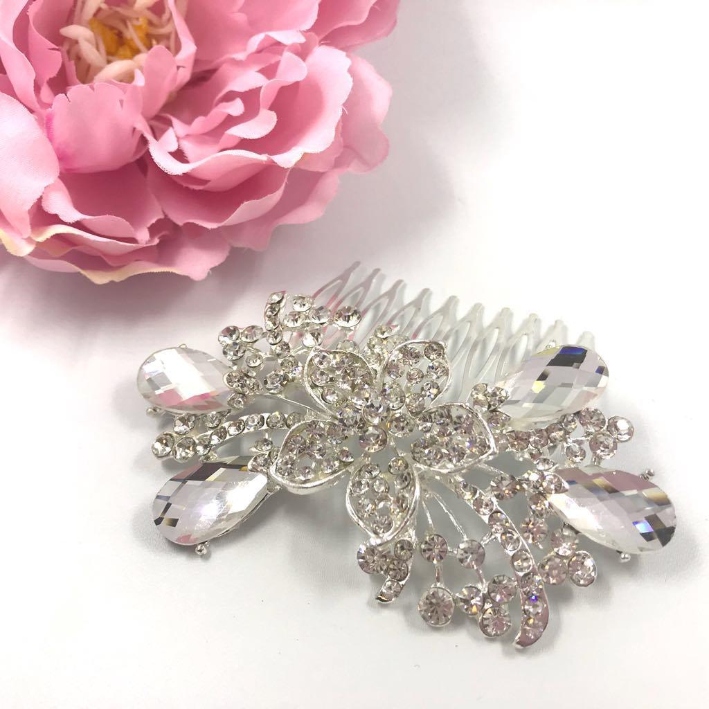 Hair ornament, Crystal comb Flower and Teardrops