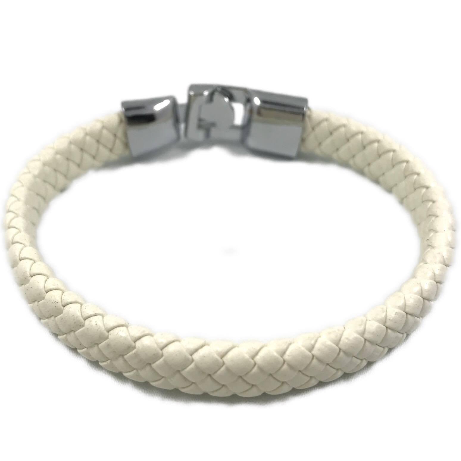 Kirurginteräsrannekoru, White Leather Bracelet with Stainless Steel