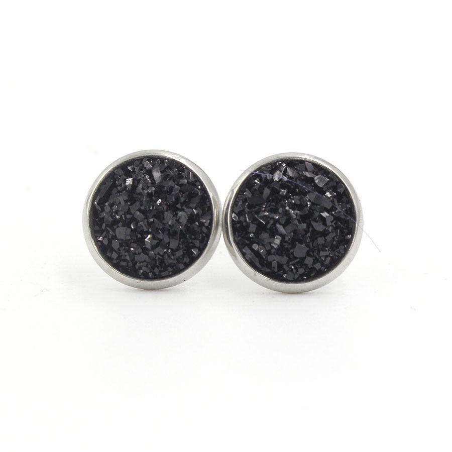 Surgical Steel Studs, Druzy Stone in Black