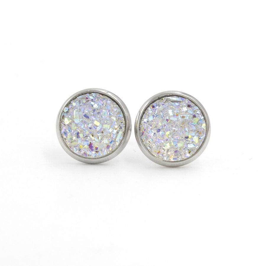 Surgical steel buttons, Druzy Stone in White AB