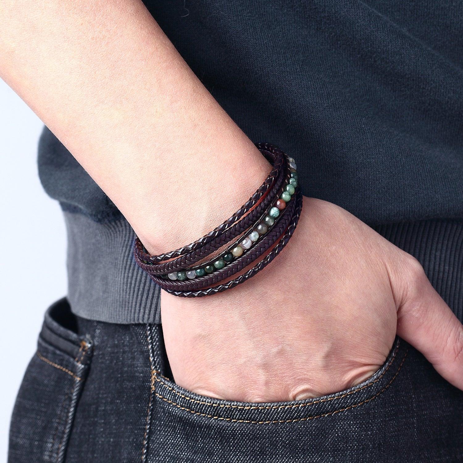 Keinonahkainen rannekoru, Brown Natural Stone Faux Leather Bracelet