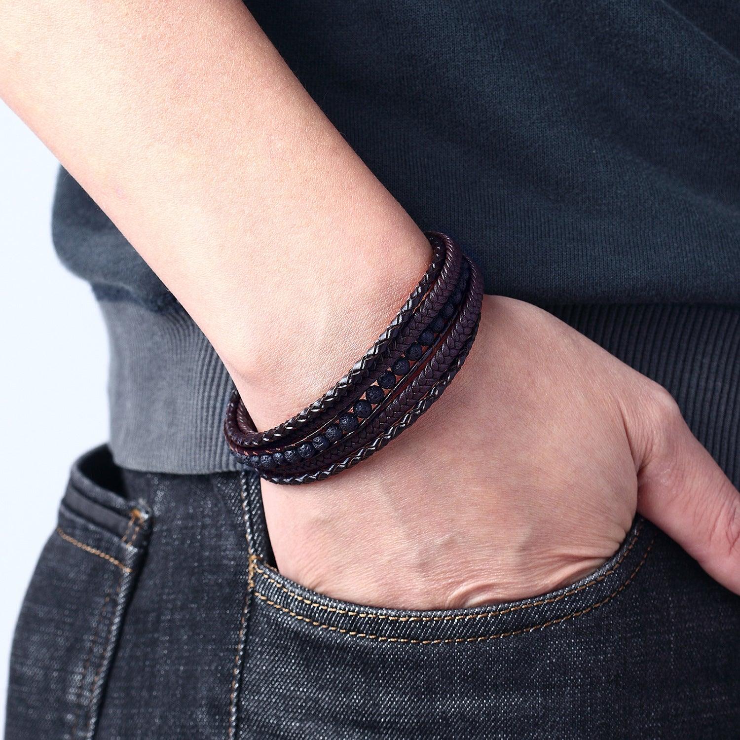 Keinonahkainen rannekoru, Brown Lava Stone Faux Leather Bracelet