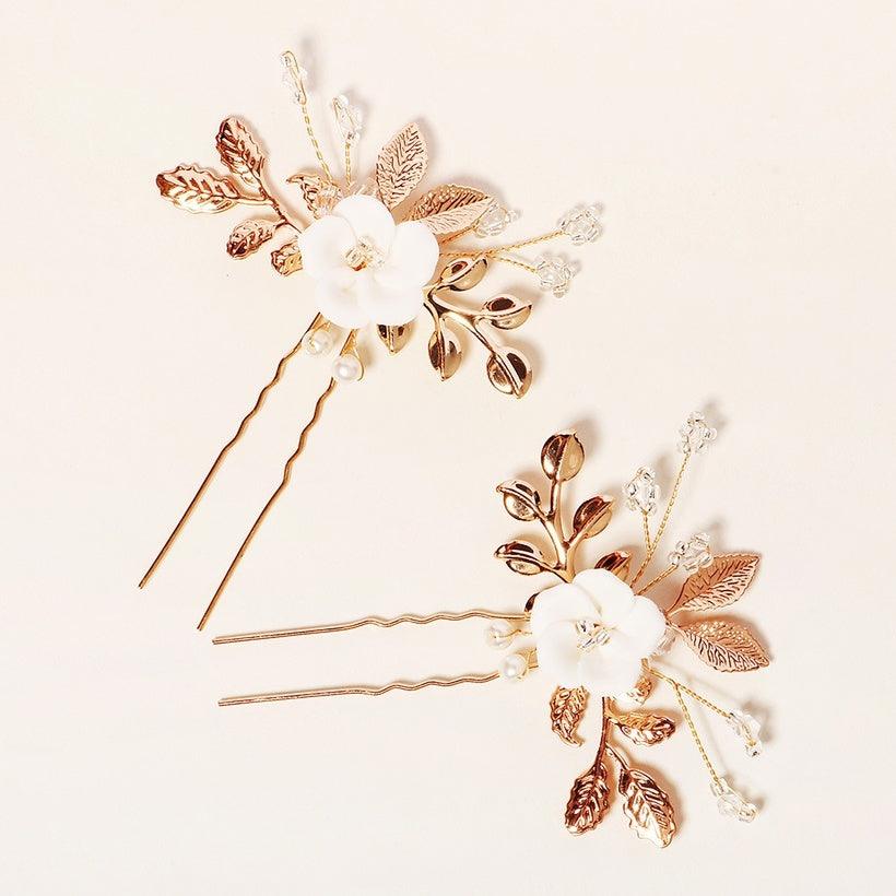 Hair accessory set, ROMANCE|Mila - gold-tone graceful hair accessory with flower
