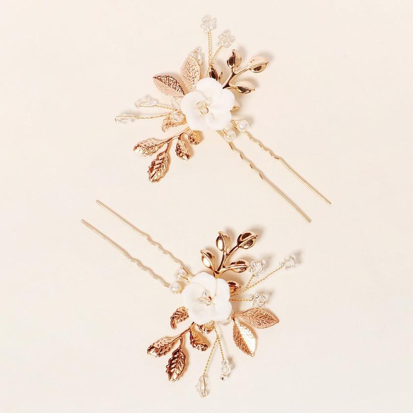 Hair accessory set, ROMANCE|Mila - gold-tone graceful hair accessory with flower