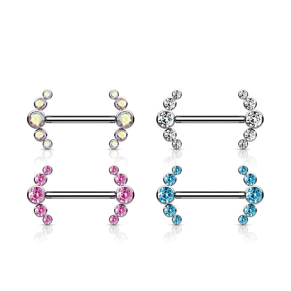 Nipple barbell, Titanium Barbells with 5 Bezel Set CZ in Pink