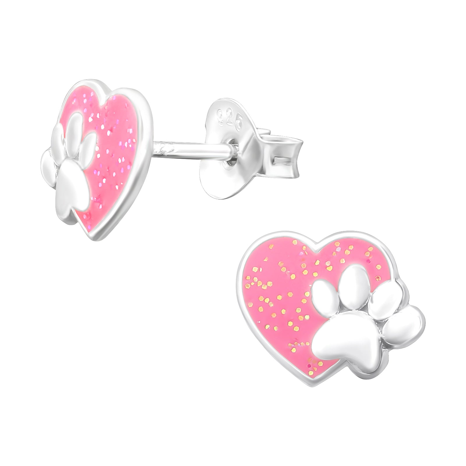 Silver stud earrings, Pink Paw Print Heart stud earrings