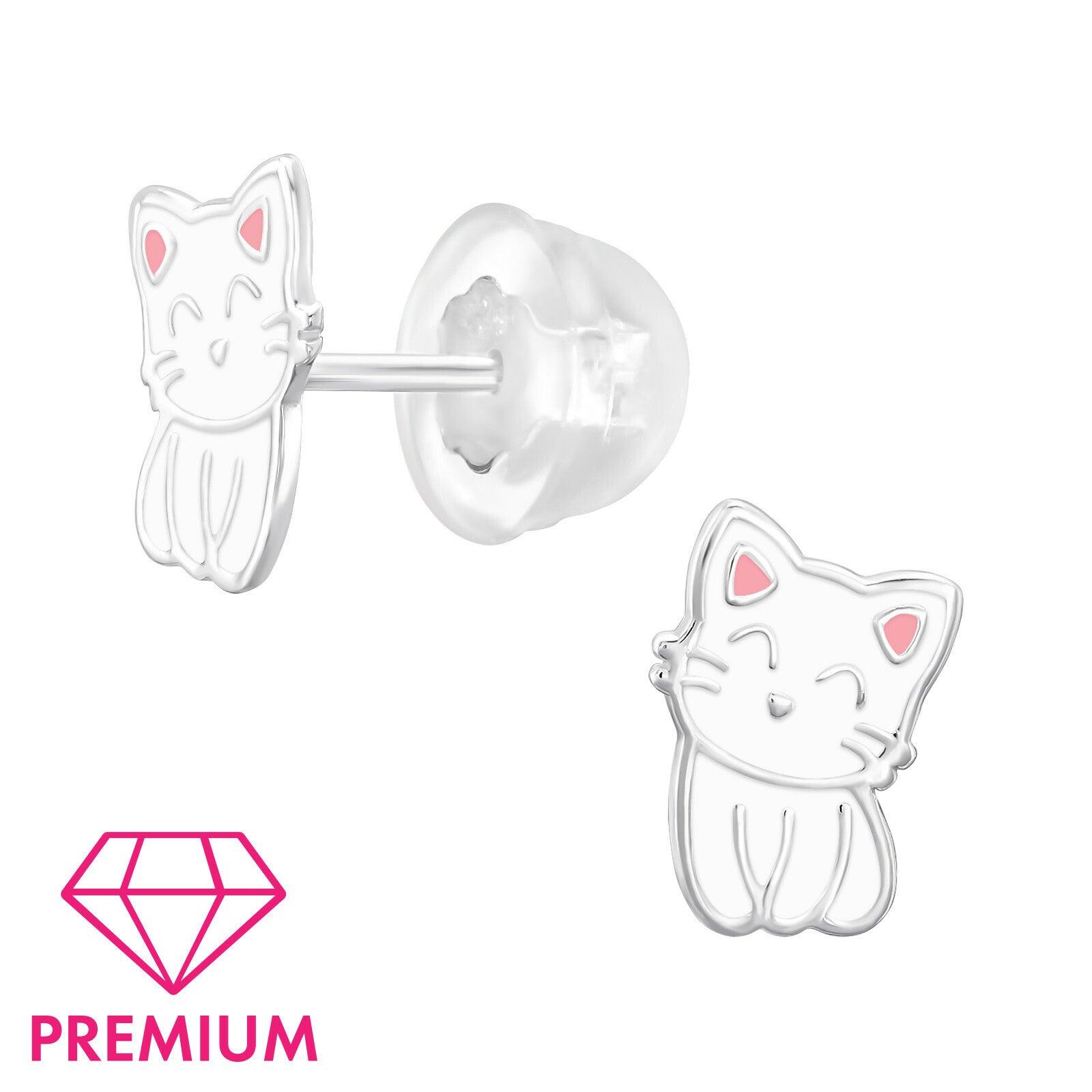 Lasten premium hopeanapit, Pretty Kitty  -valkoiset kissa korvakorut