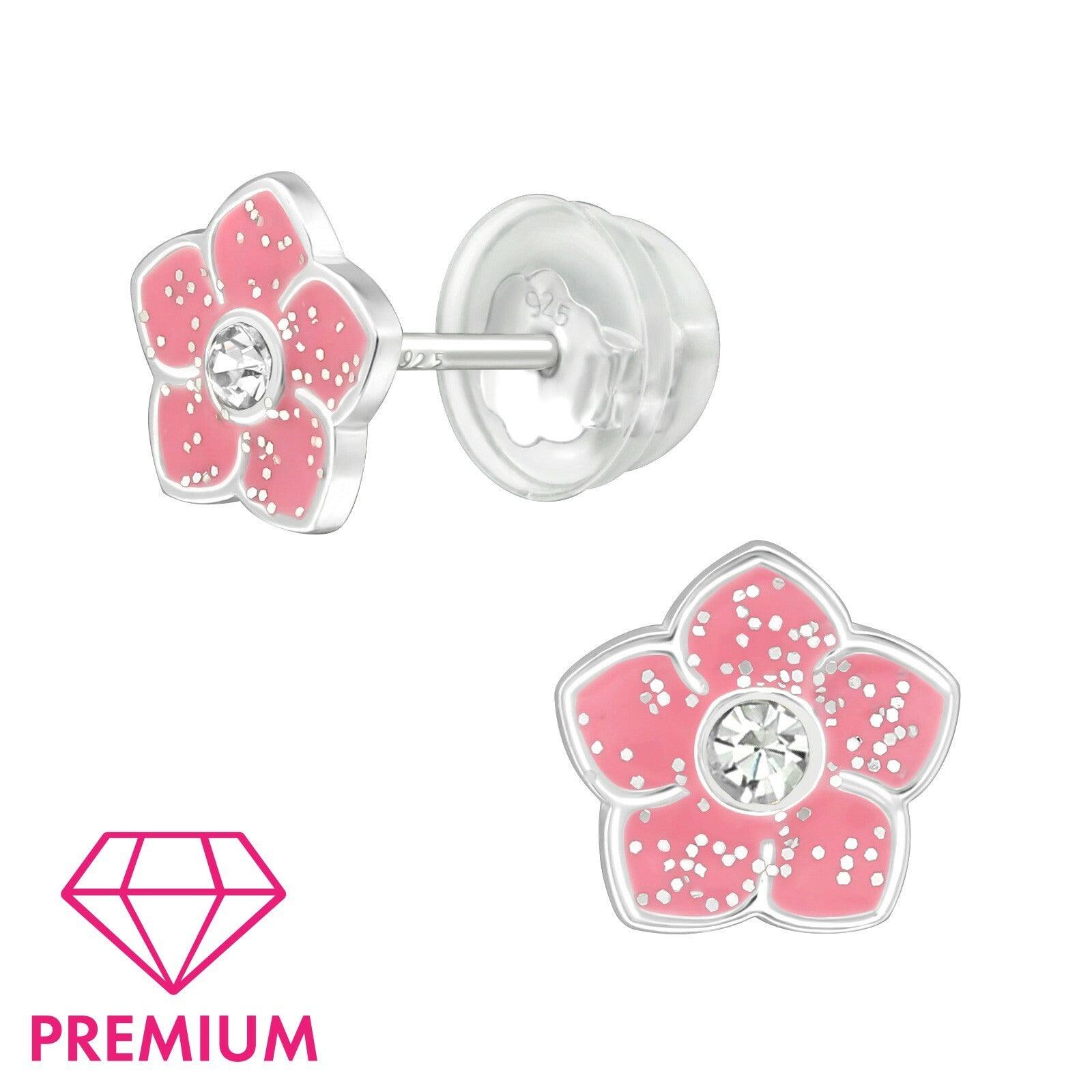 Lasten premium hopeanapit, Pink Glitter Flower -pinkit kukkakorvakorut