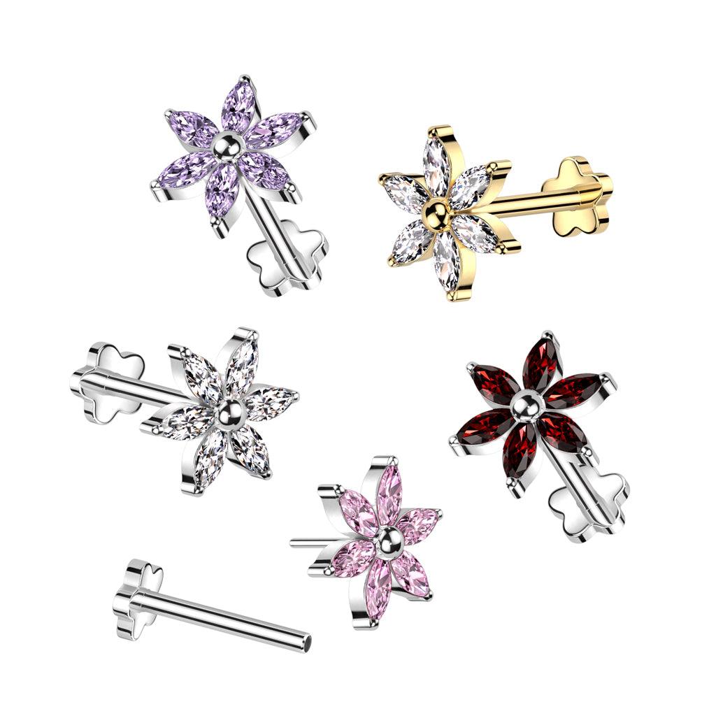 Titaaninen labret 1mm, Clear Push in Flower Labret