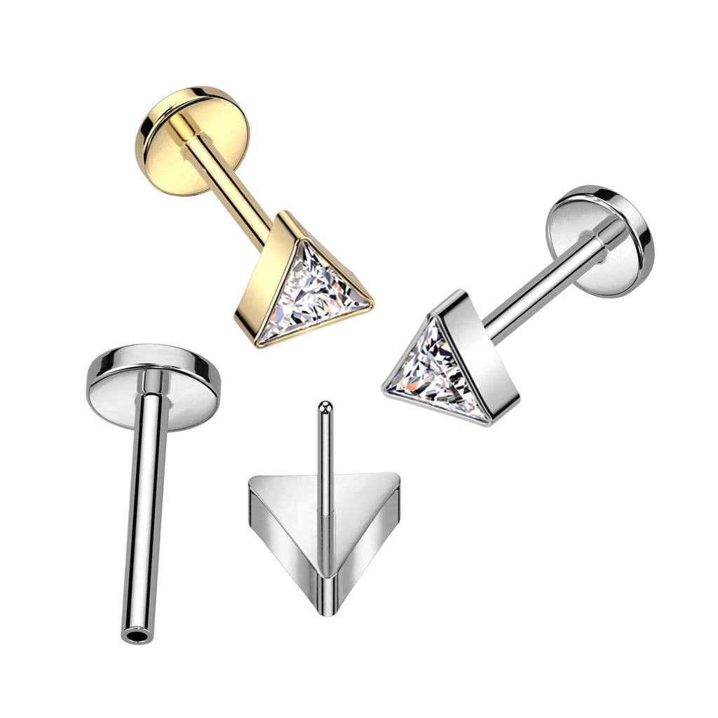 Titaaninen labret 1mm, Push in Triangle CZ Labret in Gold