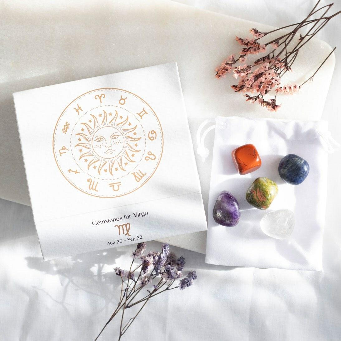 Virgo Crystal Tumblestone Set -neitsyen luonnonkivi lahjapakkaus
