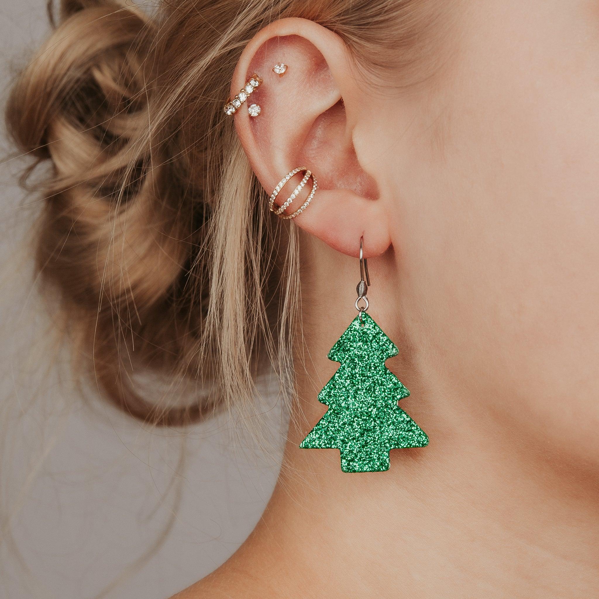 LEMPI earrings, Christmas tree (white glitter)