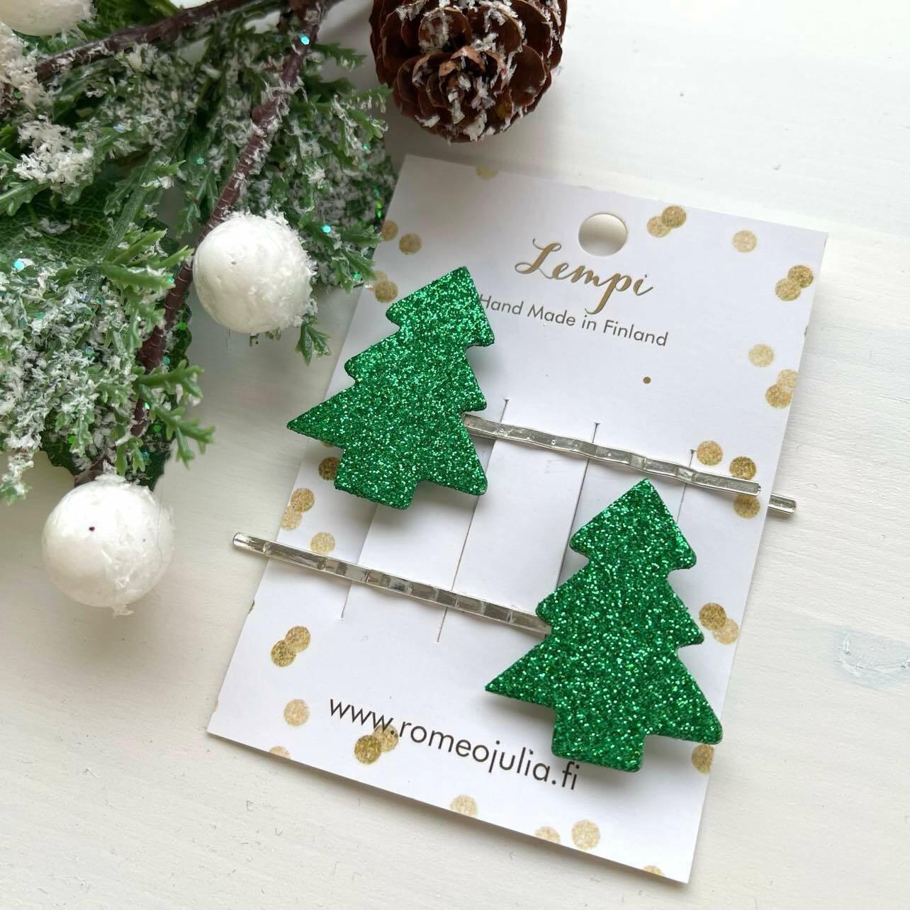 LEMPI hair clips, Christmas tree (green glitter)