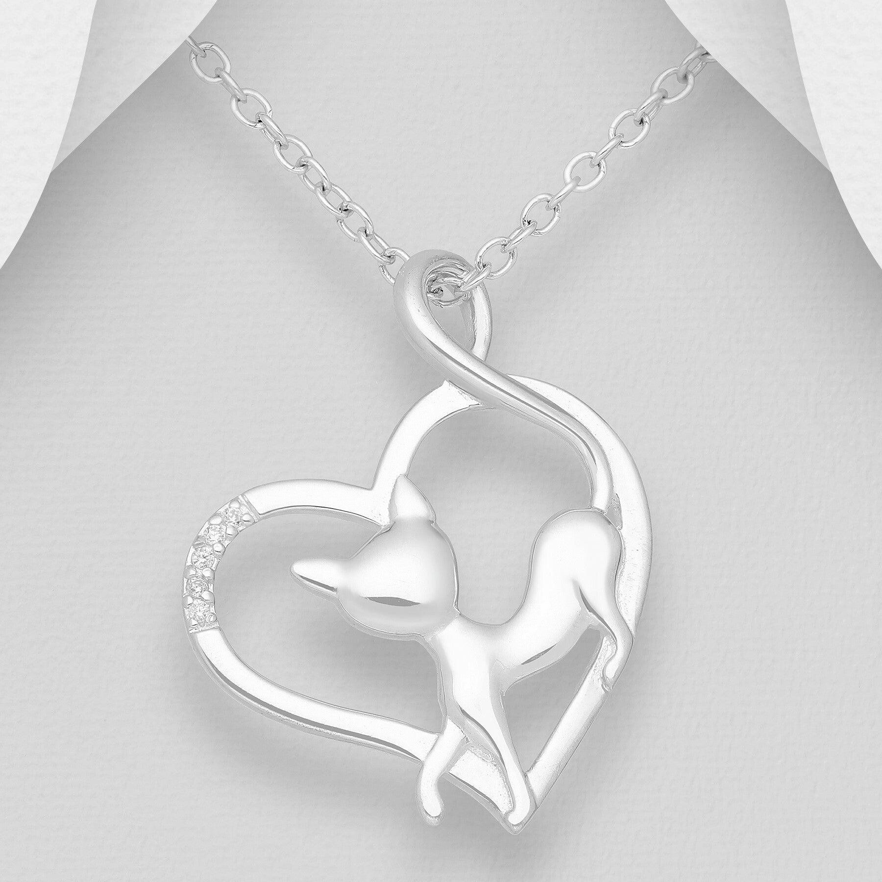 PREMIUM COLLECTION|Cat and heart -heart-shaped silver pendant