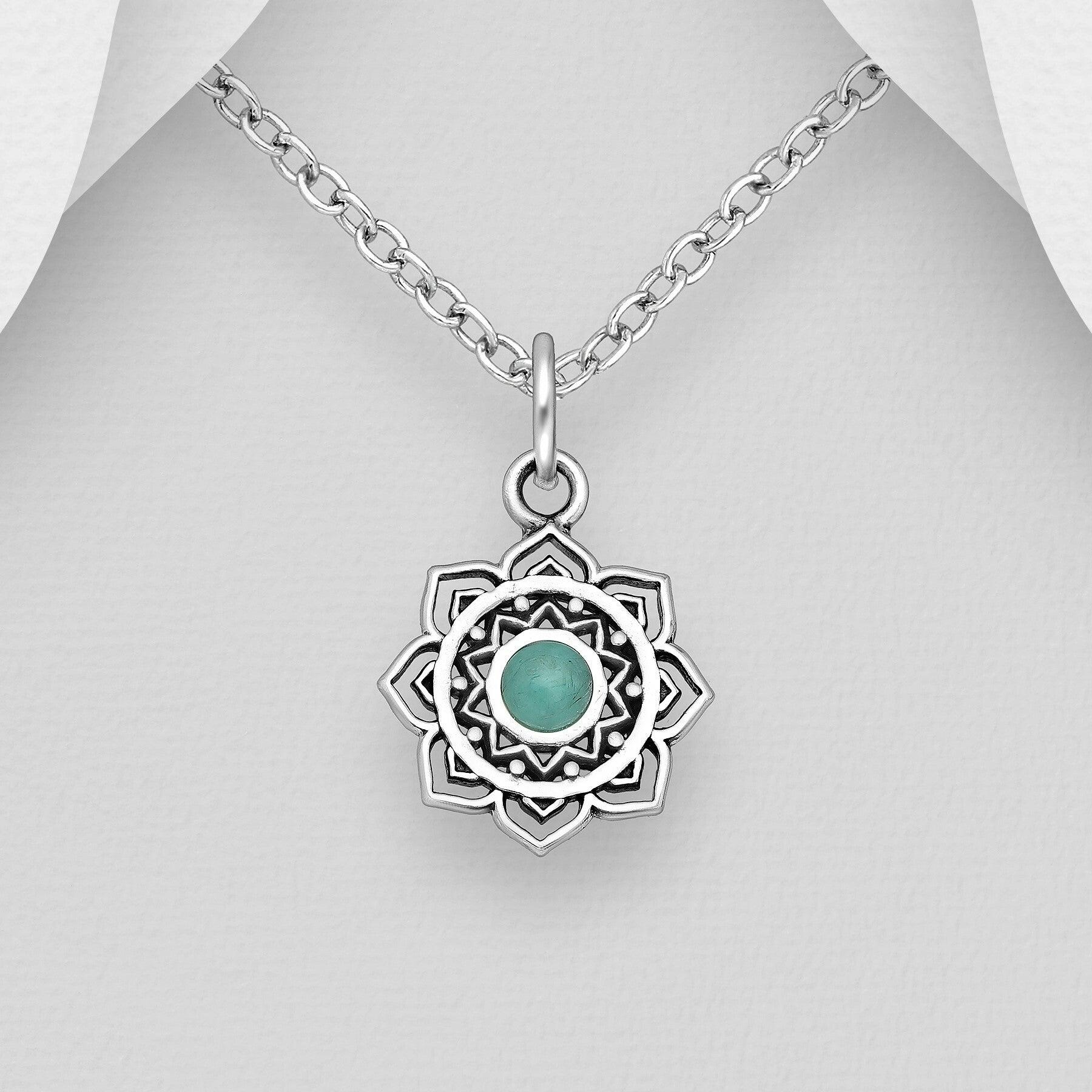 PREMIUM COLLECTION|Lotus -bohemian silver pendant with turquoise decoration