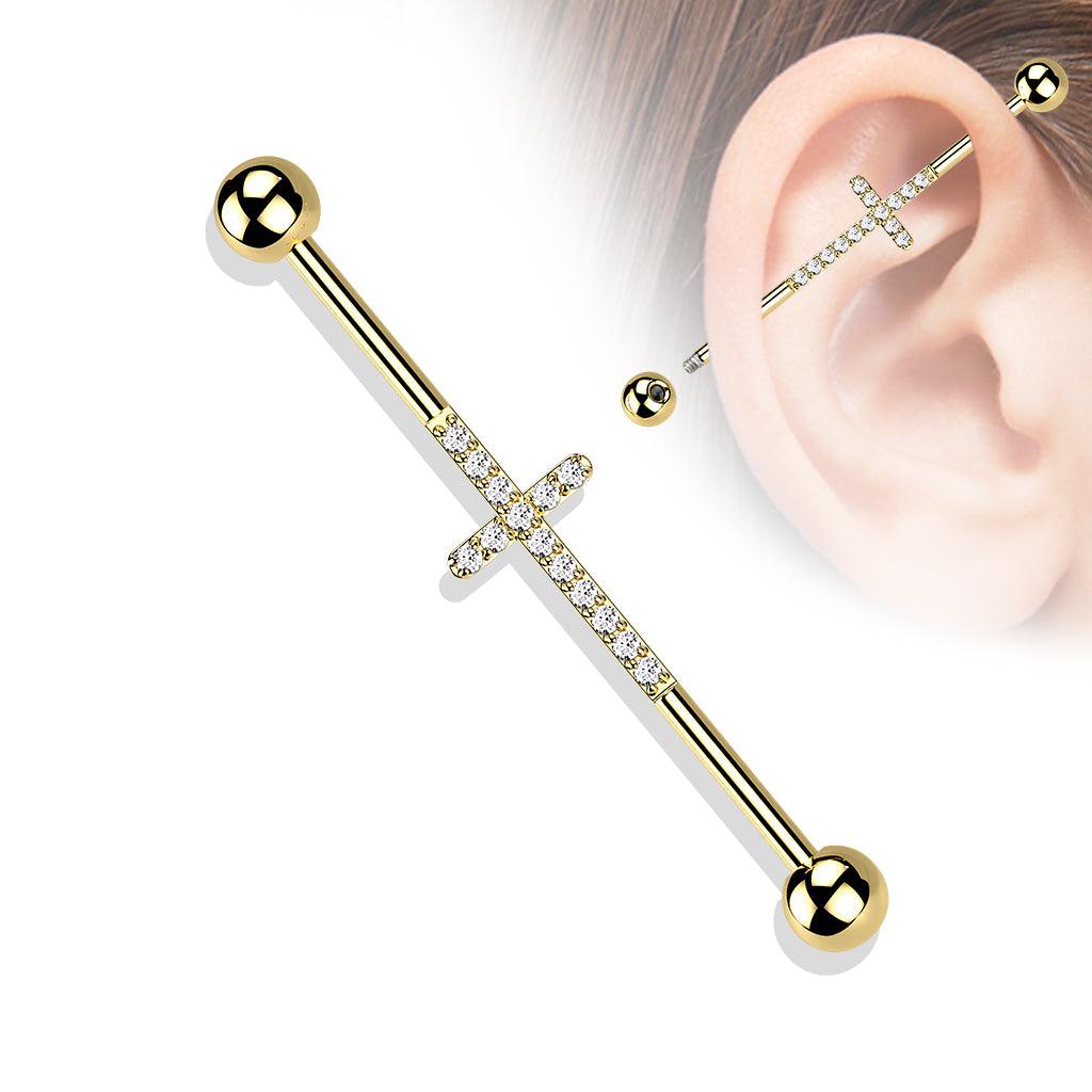 Industrial, Cross Titanium CZ in Gold -titaaninen risti-industrialkoru