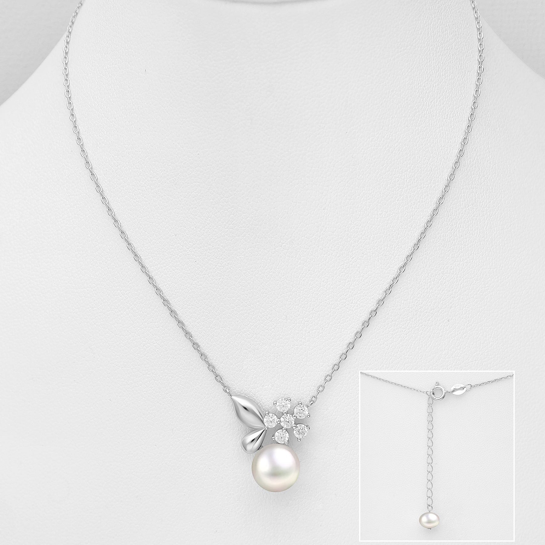 Helmi Linnea kukka-aiheinen hopeakaulakoru makeanvedenhelmellä