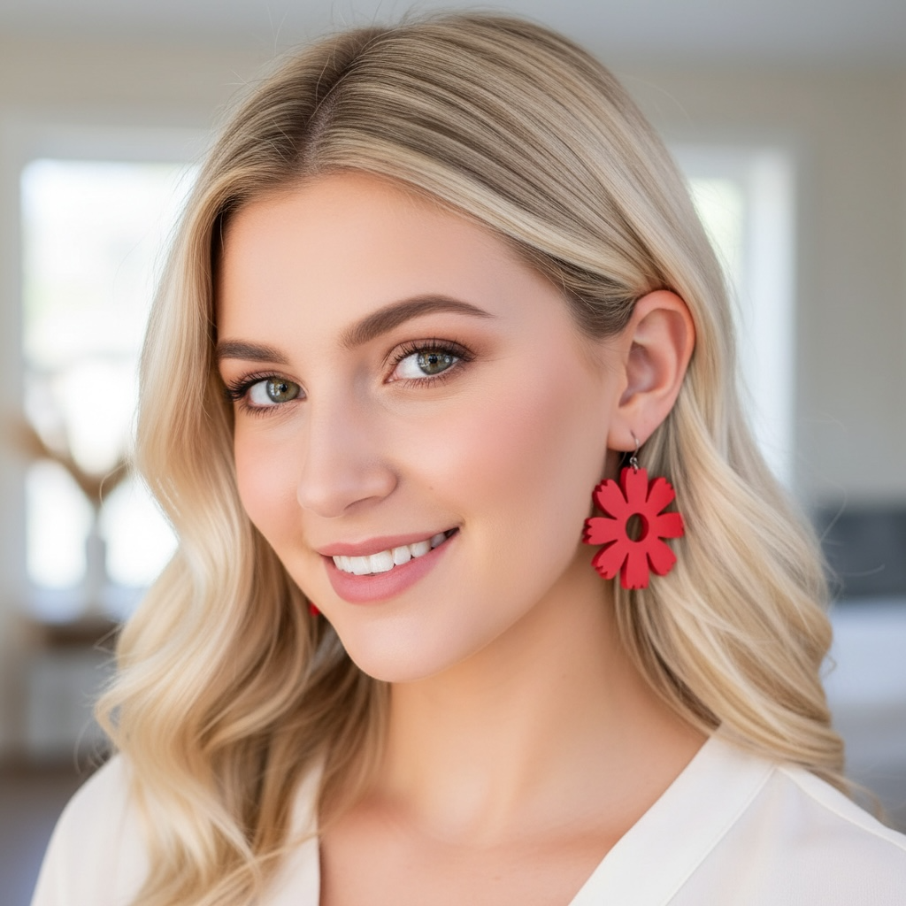 Wooden earrings, Buttercup -red flower earrings