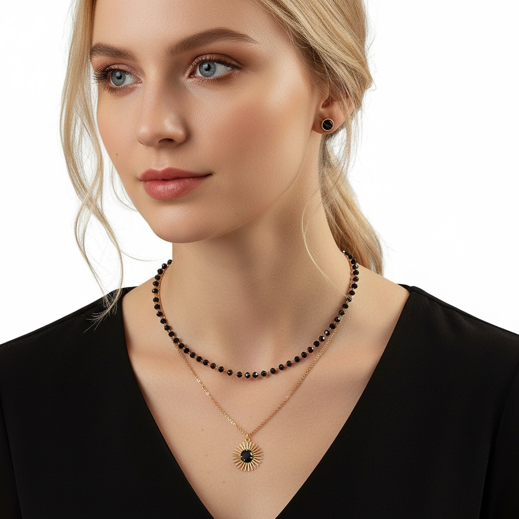 FRENCH RIVIERA|Noemie Set -kiruruginteräksinen korusetti mustin kivin