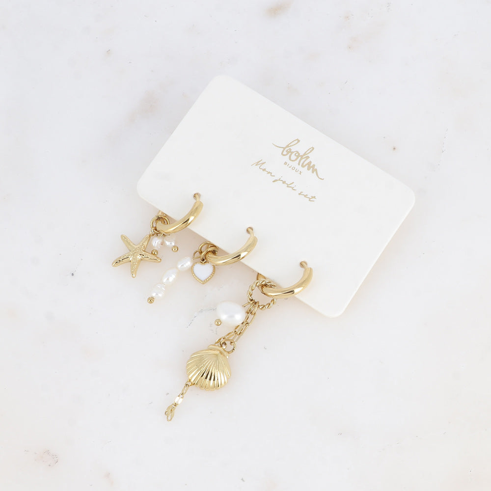 Bohm Paris Shaan korvakorusetti meritähti simpukka ja helmi rengaskorvakorut.