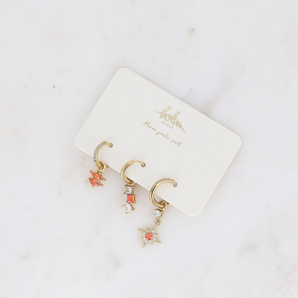 ohm Paris Celeste oranssi kristalli korvakorusetti kolme rengaskorvakorua.