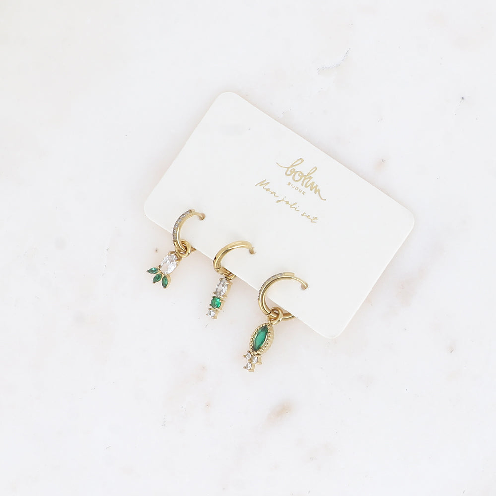 BOHM PARIS | Alma Verde – 3-osainen korvarengassetti (vihreä & kirkas, kulta)