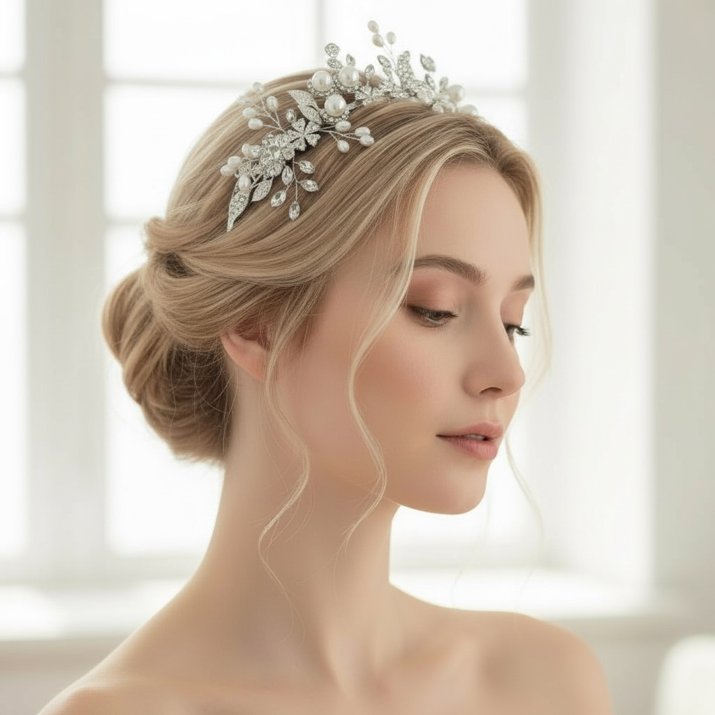 ROMANCE Aveline hopeanvärinen juhlapanta helmillä ja kirkkailla kivillä – muotoiltava hiuskoriste