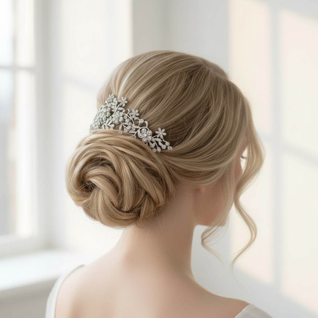 Romanttinen hiuskampa pienillä kukilla nutturassa.