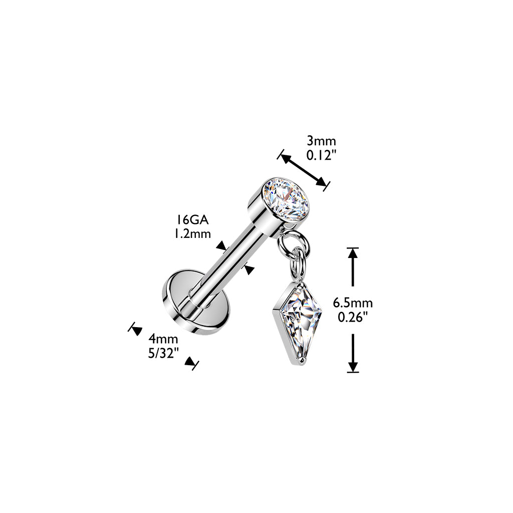 Talia-labretin mitat: 1,2 mm varsi, 8 mm pituus, 3 mm yläkristalli ja 6,5 mm riipus