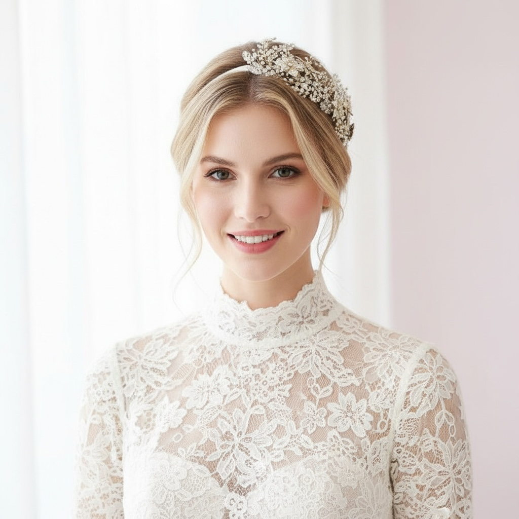 Hiuskoru, panta/ROMANCE, Glamorous Headpiece with Silver Flowers