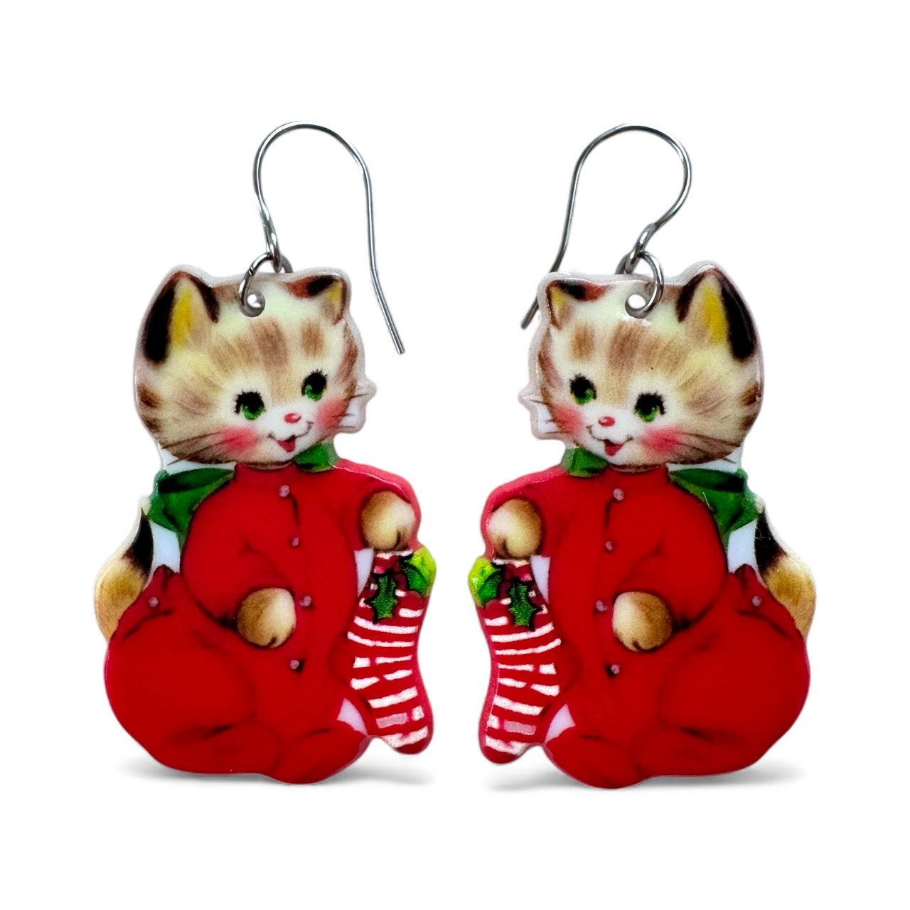 Cozy Kitty – suloiset joulukissakorvakorut retrohenkisellä kuvituksella, kevyet kirurginteräskoukut