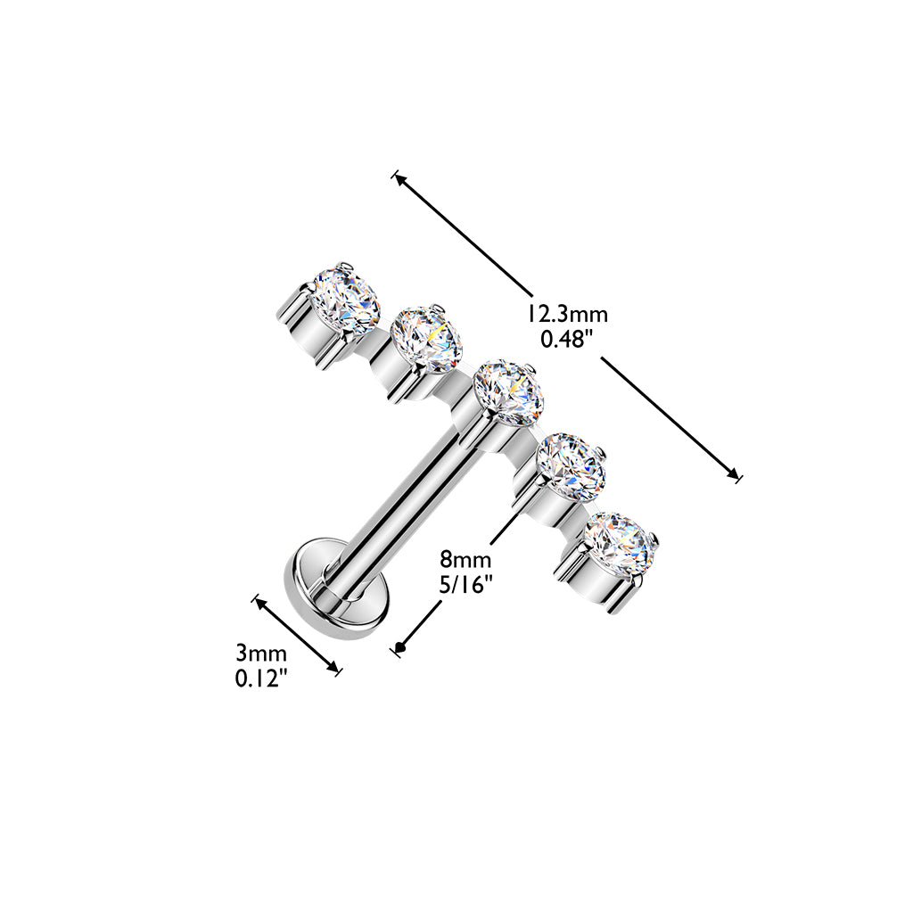 Stella Arc rustokoru sivuprofiilissa, implanttitason titaani ja kirkkaat cubic zirconia -kivet, mitat kuvassa.