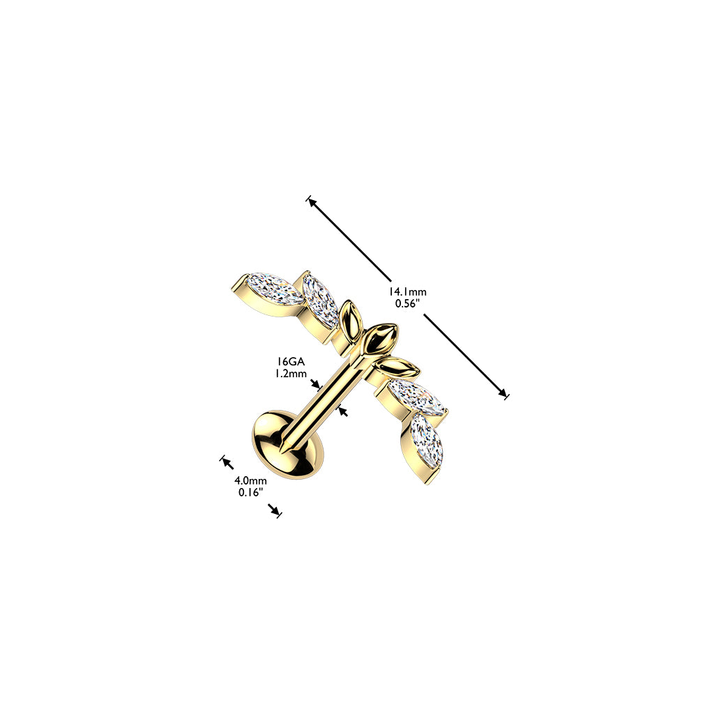 Sorelia-labretin mitat: 1,2 × 6 mm varsi, noin 14,1 mm koriste ja 4 mm kupera takaosa