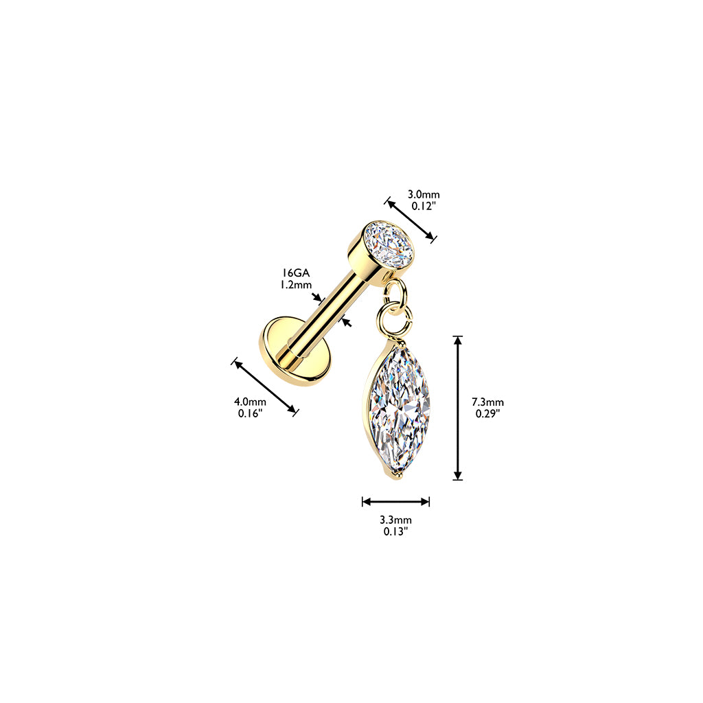 Avelisse-labretin mitat: 1,2 × 8 mm varsi, 3 mm yläkristalli ja 7,3 × 3,3 mm riipus
