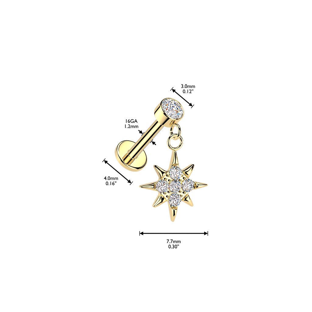 Odelle-labretin mitat: 1,2 mm paksu ja 8 mm pitkä varsi sekä noin 7,7 mm tähtikoriste