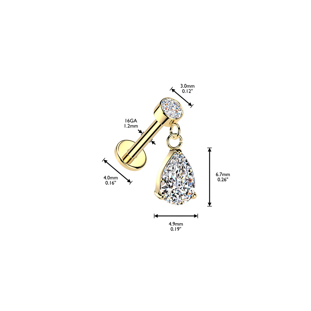 Adelia-labretin mitat: 1,2 mm paksu ja 8 mm pitkä varsi sekä 6,7 × 4,9 mm pisarakristalli