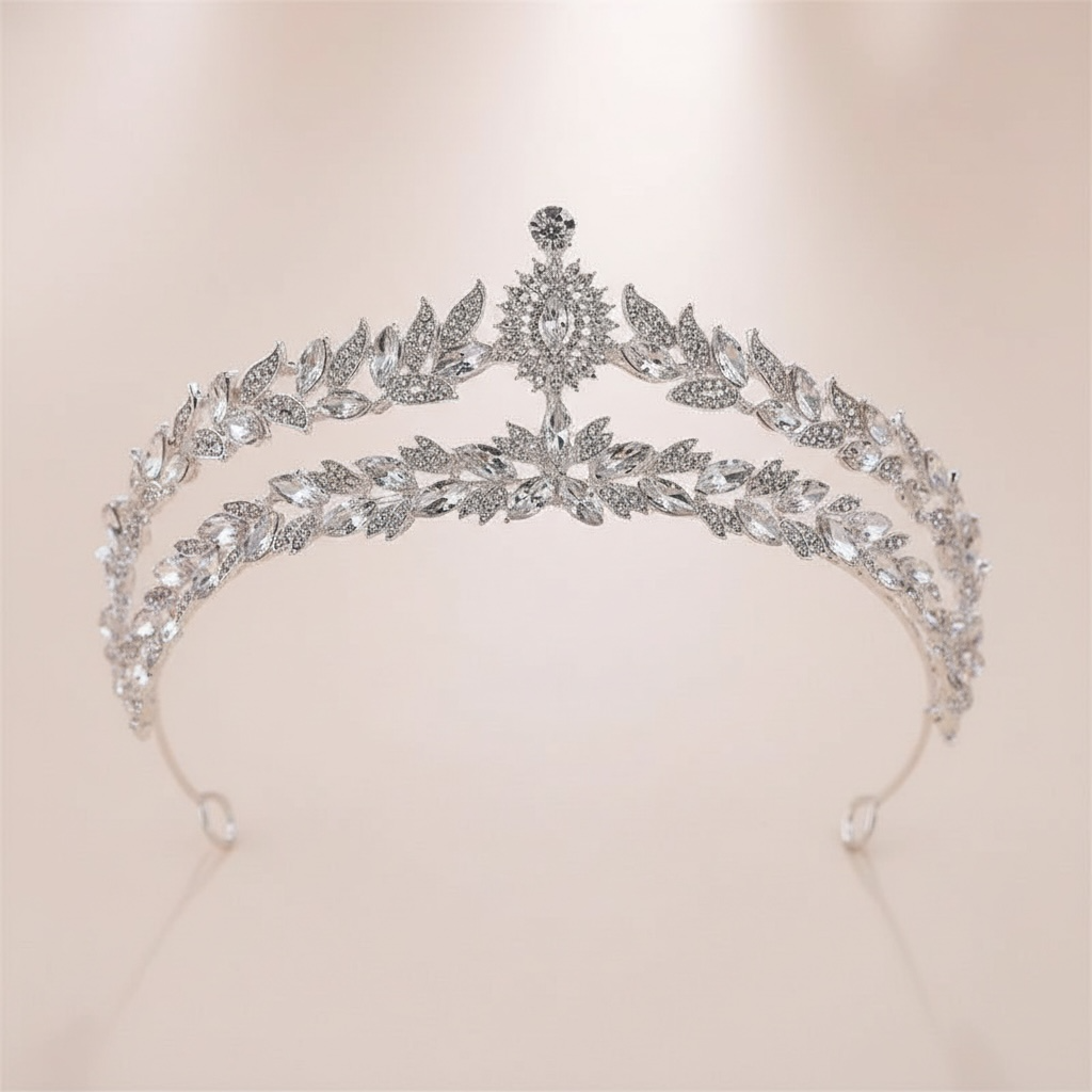 ROMANCE Emilia Royale tiara lähikuvassa – korkea hopeinen tiara kirkkailla korukivillä.