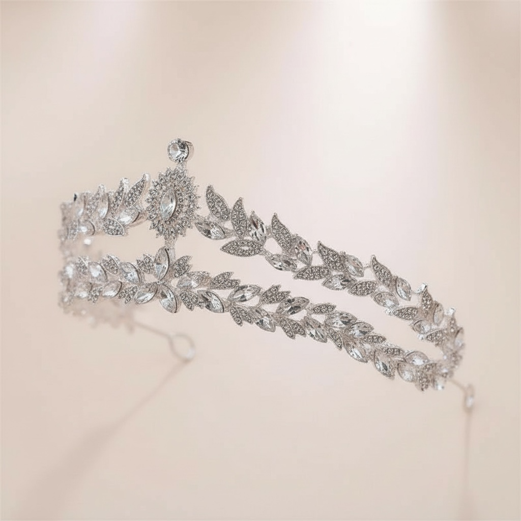 ROMANCE Emilia Royale tiara lähikuvassa – korkea hopeinen tiara kirkkailla korukivillä vaaleala pohjalla.