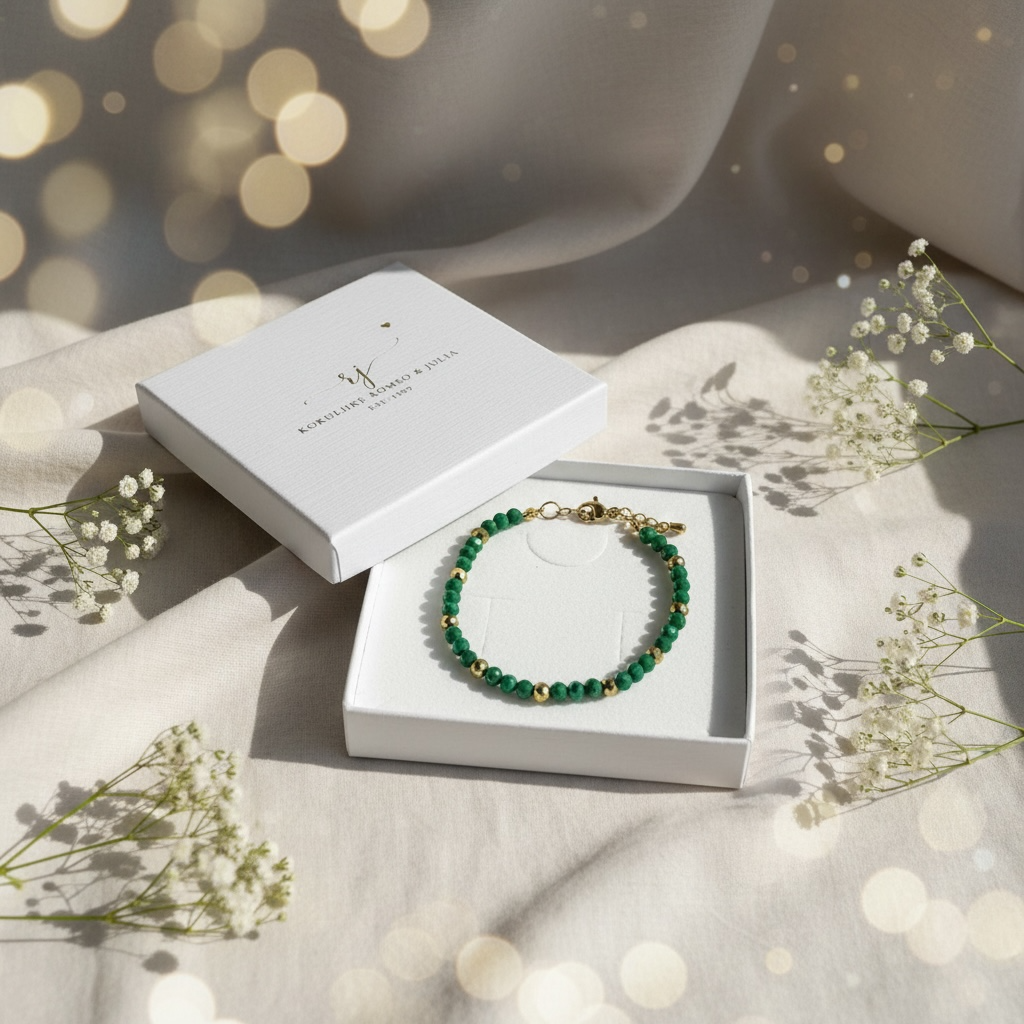 Elegantti Jolie Emerald -rannekoru, lähikuva vihreistä helmistä ja yksityiskohdista.