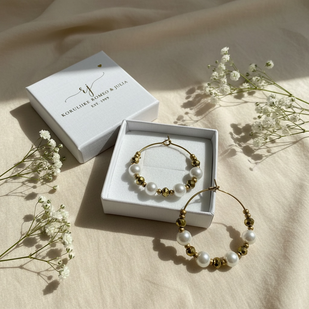 Jolie Champagne -käsintehdyt helmikorvarenkaat helmenvalkoisilla helmillä ja kullanvärisellä renkaalla.