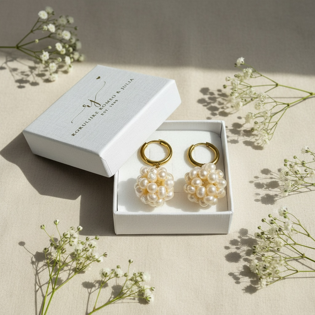 Käsintehdyt helmikorvakorut Koruliike Romeo & Julian rasiassa