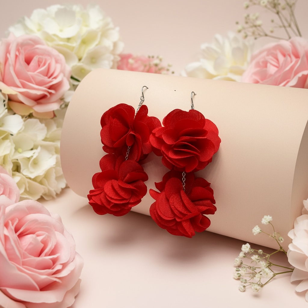 Näyttävät mutta kevyet punaiset Roselle-korvakorut, lähikuva kukkien yksityiskohdista.