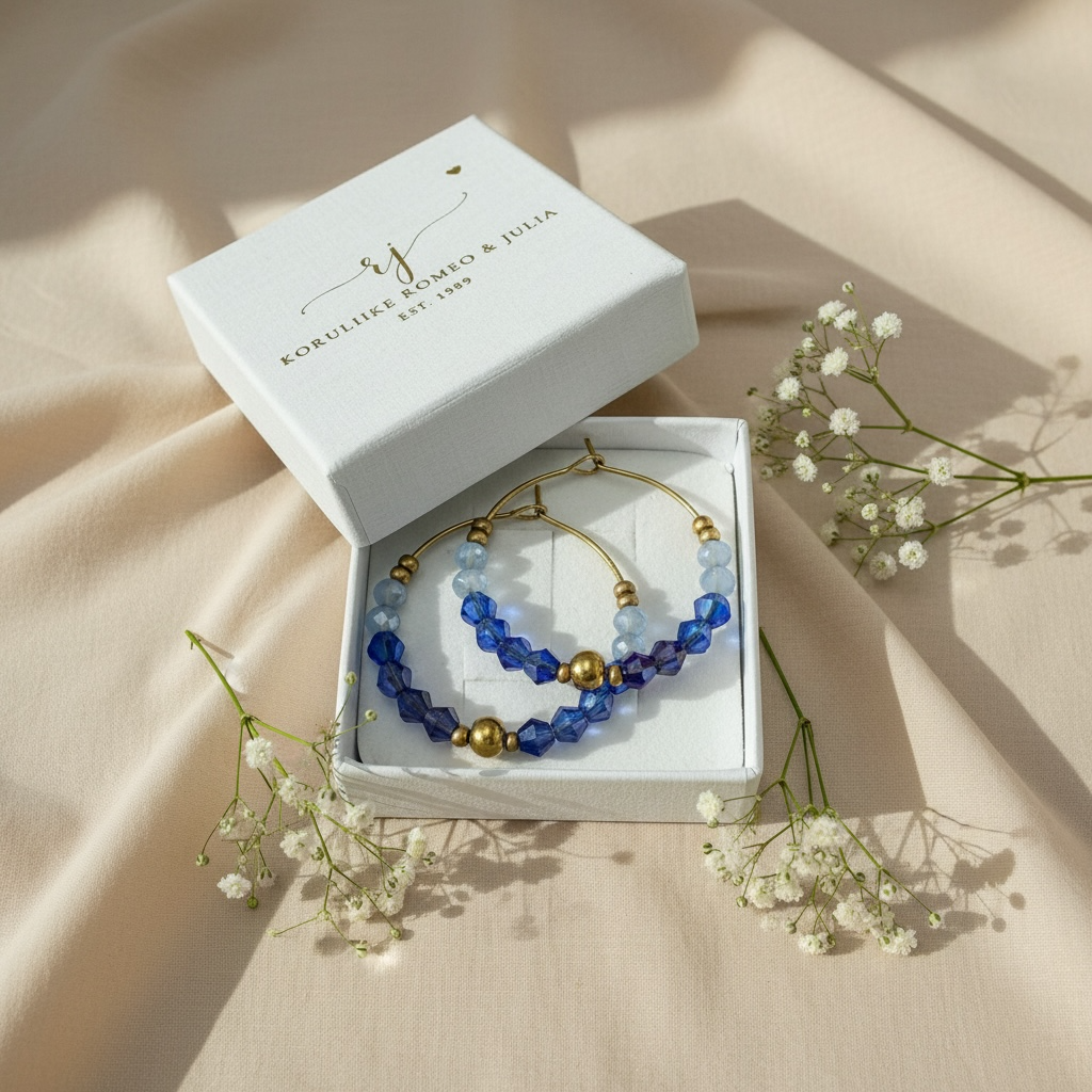 Elegantit Jolie Sapphire -korvarenkaat, lähikuva sinisistä kristalleista ja renkaasta.