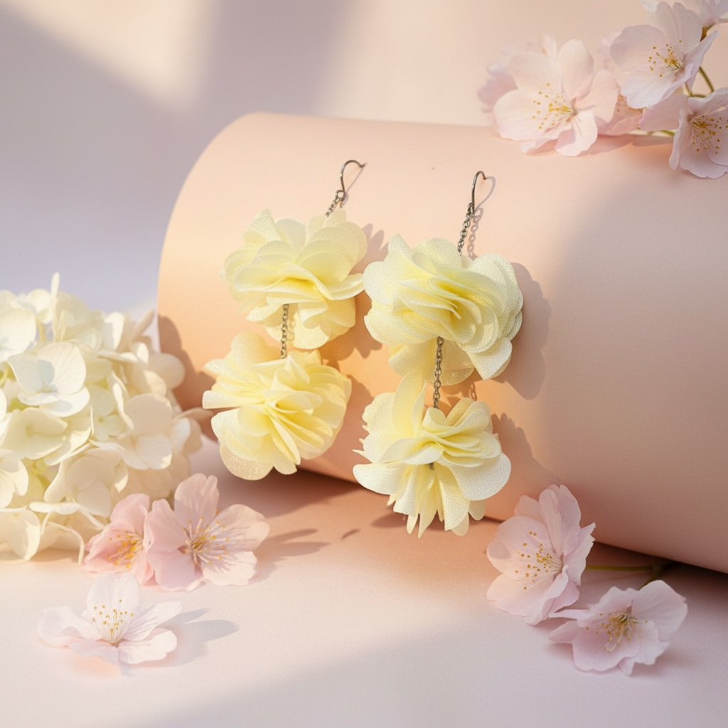 Herkkä ja kevyt Roselle-korvakoru kermanvaaleassa sävyssä, lähikuva kukkien yksityiskohdista.