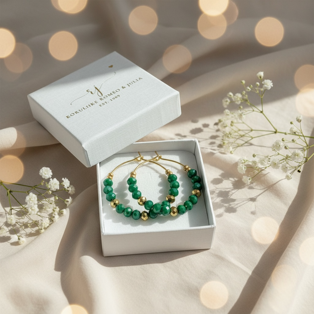 Jolie Emerald –käsintehdyt helmirenkaat (vihreä, kulta)