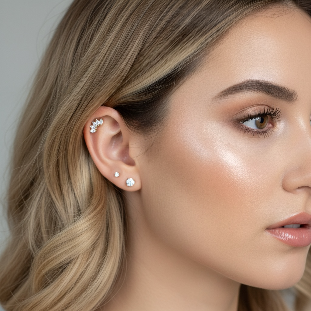 Titaaninen Laurel rustokoru internally threaded -sisäkierteellä, kuvattuna mallin korvassa.