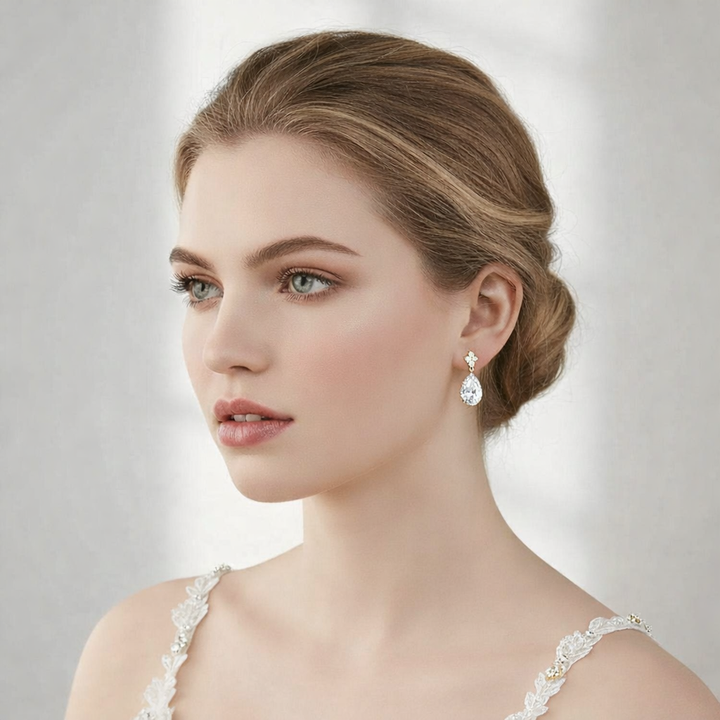Kullansävyiset Beautiful Teardrop -korvakorut korvassa juhlameikin kanssa.